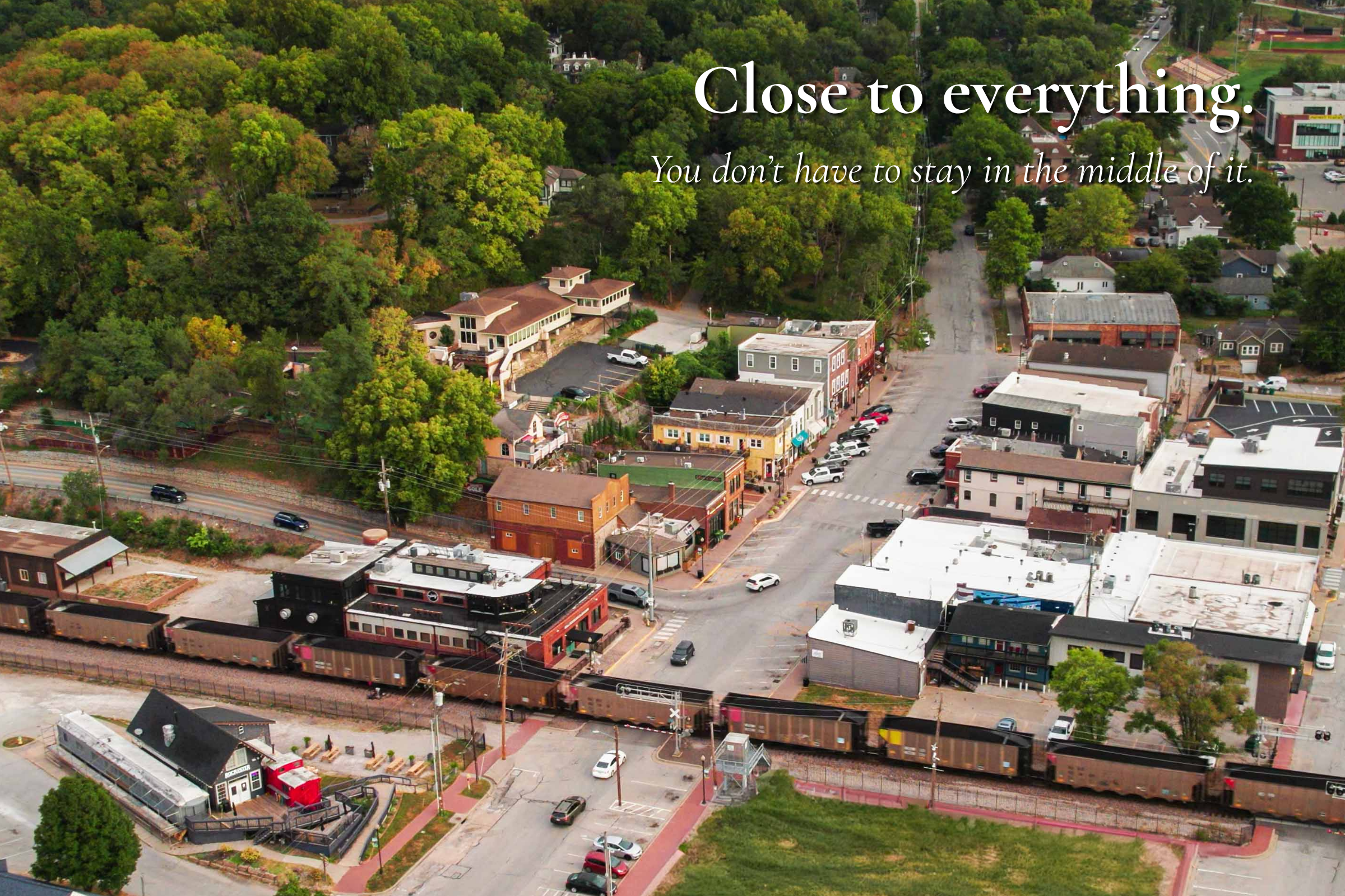 Aerial view of downtown Parkville Missouri showing Main Street and surrounding area